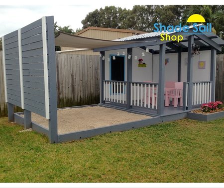 Thanks Darren for sending in these great pictures of you daughter's cubby house and sand pit. Looks gorgeous. Size of the shade sail is 2x2m in light grey\\n\\n15/06/2016 12:36 PM