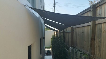 Great install by Trevor. Our smaller shade sails 1.5x2.5m Grey Shady Lady shade sail fit perfectly down the side of the house. Installed with pad eyes, turnbuckles and snap hooks. Thanks for you photo's.\\n\\n21/09/2017 5:50 PM