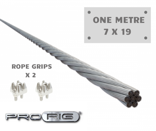 1 Metre length  ProRig Wire Rope 7 x 19  Including 2x rope grips