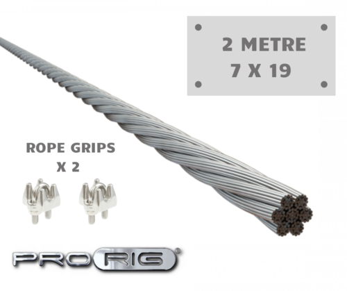 2 Metre length  ProRig Wire Rope 7 x 19  Including 2x rope grips