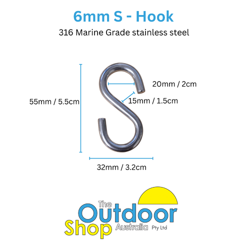 S Hook 6mm stainless steel 316 Marine Grade