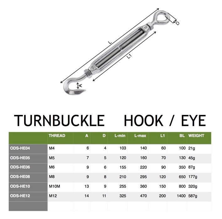 New M8 8mmTurnbuckle Hook Eye Economy Range 316 Stainless Steel Shade Sail 