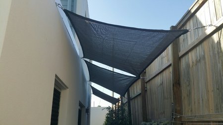 Great install by Trevor. Our smaller shade sails 1.5x2.5m Grey Shady Lady shade sail fit perfectly down the side of the house. Installed with pad eyes, turnbuckles and snap hooks. Thanks for you photo's.\\n\\n21/09/2017 5:50 PM