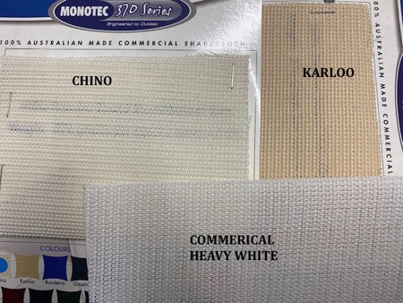 Colour comparisons for custom made Monotec 370 series Made in Australia Karloo and Chino and the new Commercial heavy in white. Made with matching webbing or cable perimeter.\\n\\n1/07/2020 10:47 AM